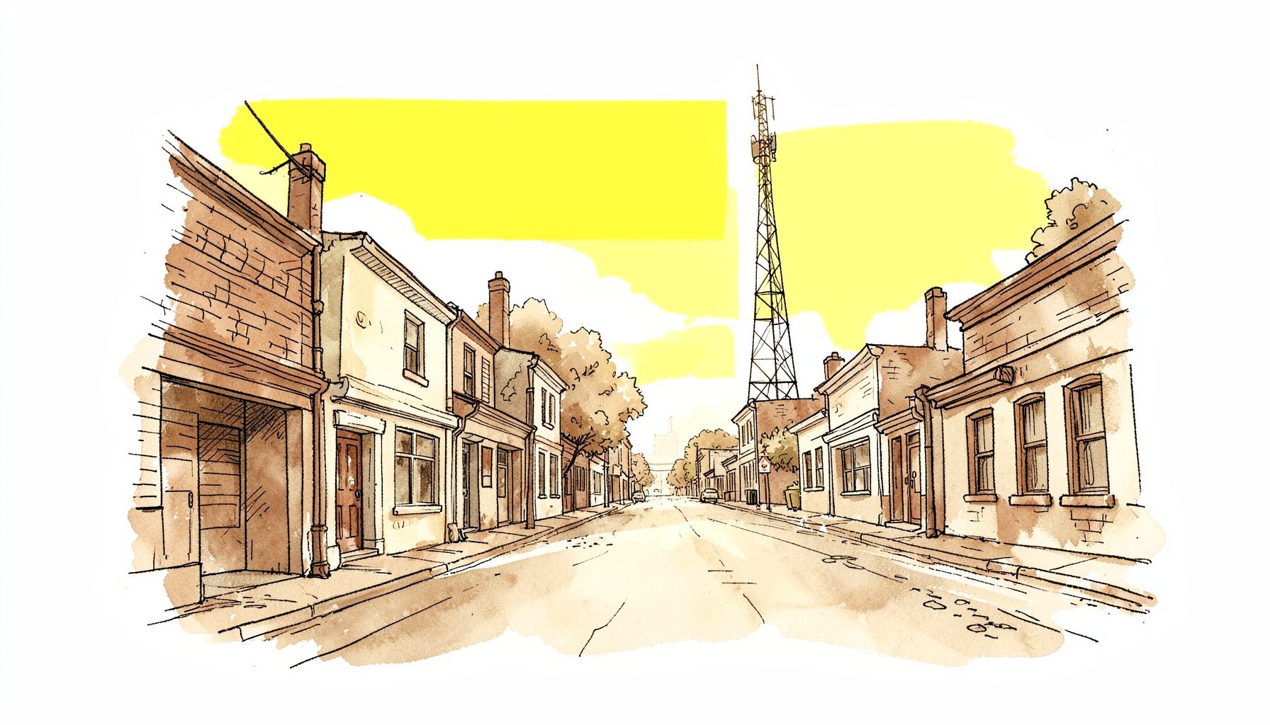 Hand-drawn ink illustration of a small-town main street with a radio tower in the distance, warm sepia wash over loose linework, quiet morning atmosphere