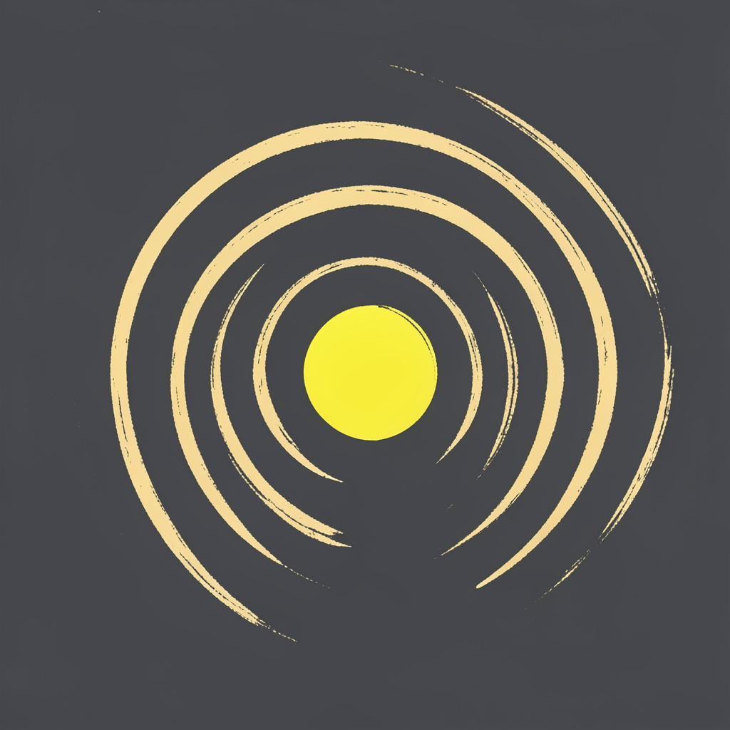 A warm hand-drawn ink illustration of gentle radio waves radiating outward in soft golden-yellow arcs against a deep charcoal background, evoking the feel of community broadcasting